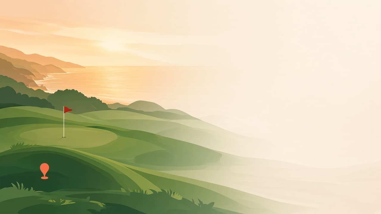 Illustrated coastal golf course at sunrise