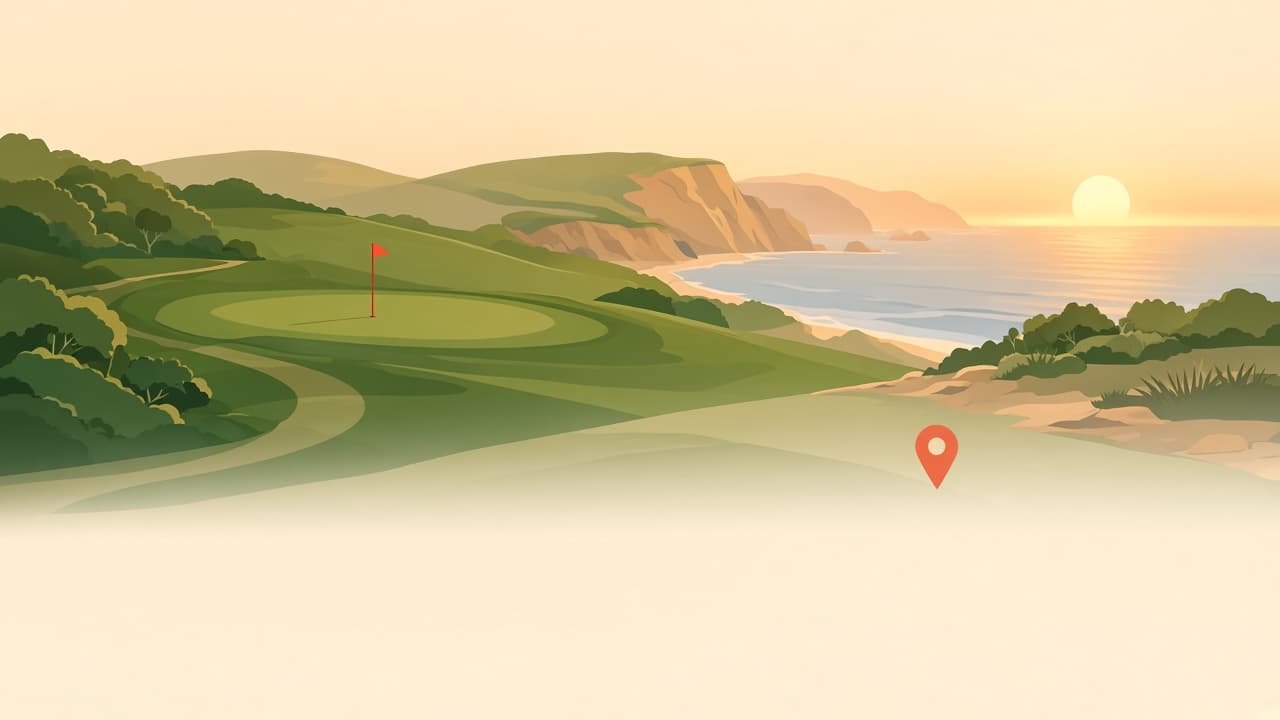Illustrated coastal golf course at sunrise
